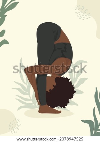 Curly African American woman doing yoga, yoga pose. Faceless style.