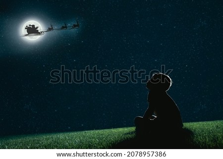 Ñchild sit on the grass at night and look at the night sky