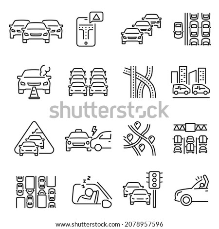 Monochrome traffic jam line icon set vector illustration. Simple automobile crash, freeway daily driving direction, rush hour, accident road isolated. Highway crosswalk and street lights, angry driver Royalty-Free Stock Photo #2078957596