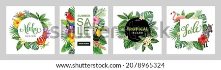 Tropical frames with leaves, flowers and birds for party invitations, sale posters and wedding cards. Collection of vector templates isolated on a white background. Royalty-Free Stock Photo #2078965324
