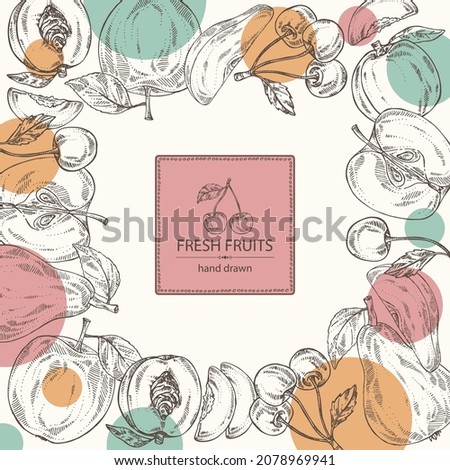 Background with fruits: apple fruit, pear, peach frut and cherry. Vector hand drawn illustration.