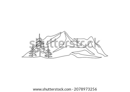 Abstract mountain range and spruce landscape background. Simple line drawing of mountains and trees. Modern one line illustration. Vector sunset wallpaper for icon, logo, travel poster, tourism card