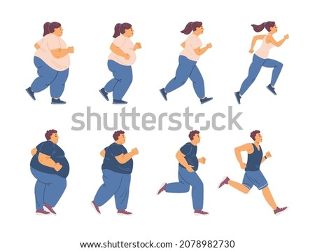 Fat young woman and man with obesity problem engaged fitness for lose weight. Overweight people run striving for a slim athletic body. Flat vector illustrations isolated on white Royalty-Free Stock Photo #2078982730