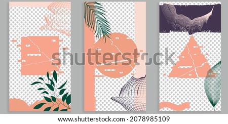 Social media covers with simple design elements . Boho style . Leaves . Post frame stories templates.  Layout for promotion .Media banner .Vector