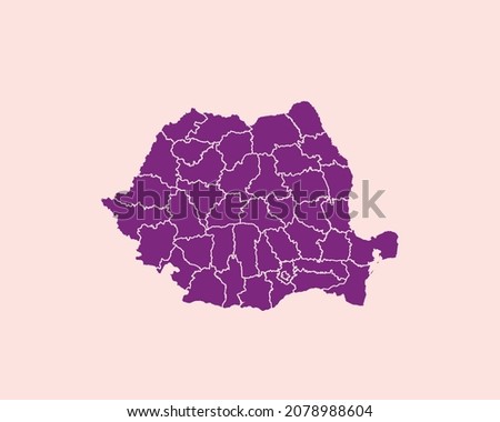 Modern Velvet Violet Color High Detailed Border Map Of Romania, Isolated on Pink Background Vector Illustration