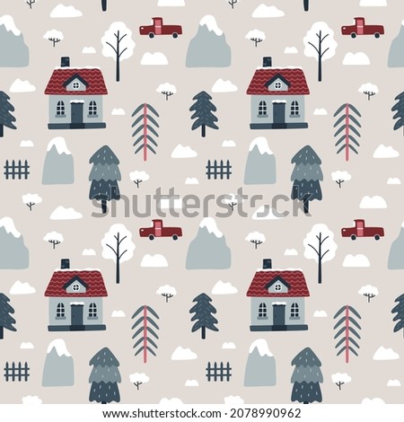 Winter landscape. Vector seamless pattern with cozy houses, mountains, spruces, shrubs, cars. Christmas holidays. Northern village. Hand drawn illustration. Scandinavian style.