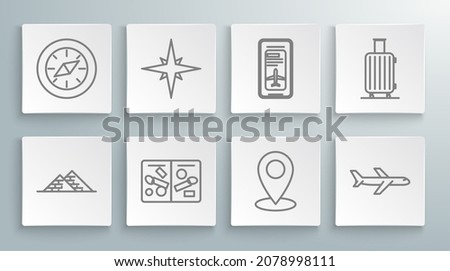 Set line Egypt pyramids, Wind rose, Passport pages with visa stamps, Map pin, Plane, Smartphone electronic boarding pass airline ticket, Suitcase for travel and Compass icon. Vector