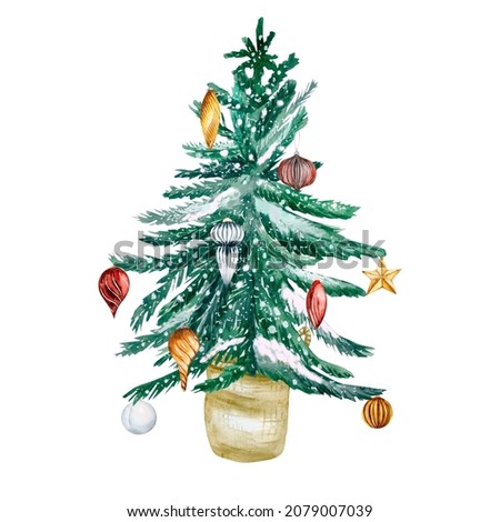 Watercolor illustration of a Christmas tree on a white background. Bright Christmas-tree toys and balls.