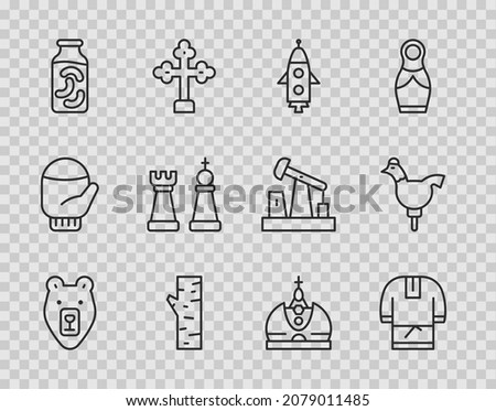 Set line Bear head, Kosovorotka, Rocket ship, Birch tree, Pickled cucumbers in jar, Chess, King crown and Cockerel lollipop icon. Vector