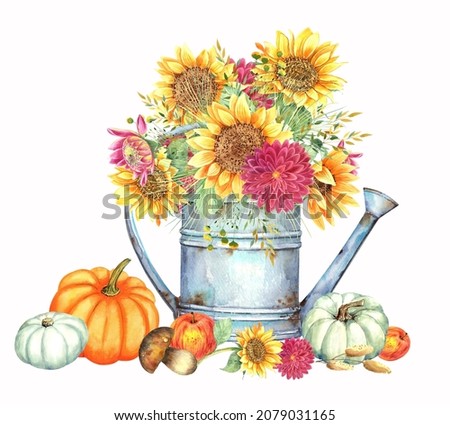 Sunflowers bouquet, pumpkins, autumn leaves. Isolated elements on a white background. Hand painted in watercolor.