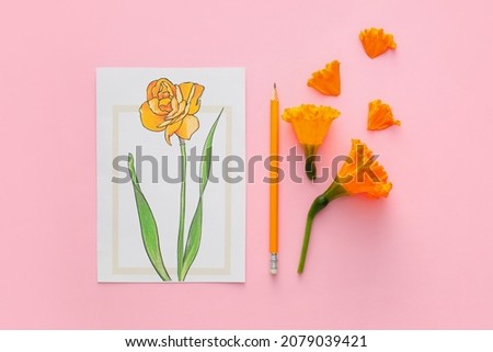 Beautiful greeting card, pencil and flowers on color background