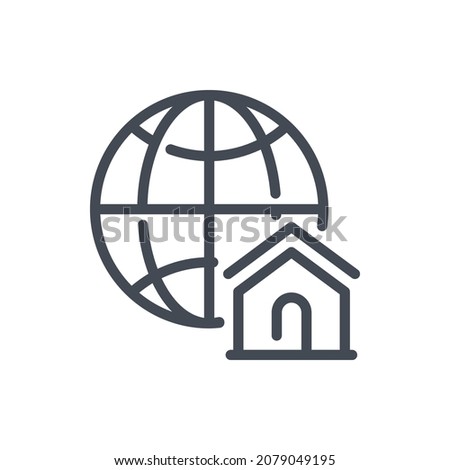 Home location line icon. Planet with house building vector outline sign.