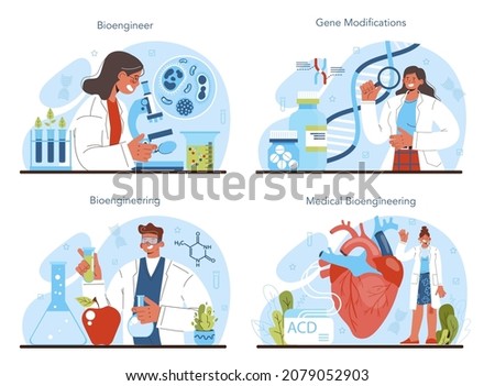 Bioengineering concept set. Biotechnology, gene therapy and research. Scientist study, modify and control biological systems. Medical biological engineering. Flat vector illustration Royalty-Free Stock Photo #2079052903