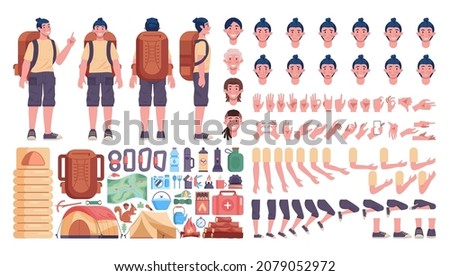 Hiker male character constructor set. Mountain traveler with trekking equipment. Extreme tourist in different positions. Backpack, compass, camping tent, map, sleeping bag. Flat vector illustration