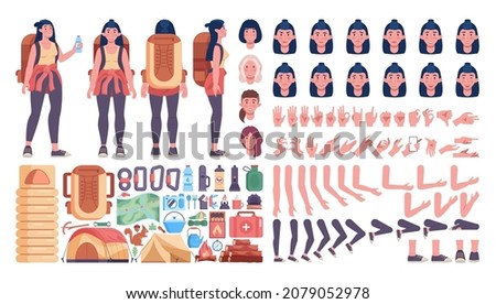 Hiker female character constructor set. Mountain traveler with trekking equipment. Extreme tourist in different positions. Backpack, compass, camping tent, map, sleeping bag. Flat vector illustration