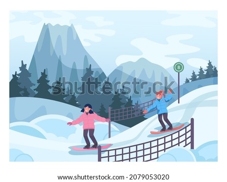 Children learning to ride a snowboard. Little snowboarders riding a safe equipped path. Ski resort kid track. Winter sport family activities. Flat vector illustration