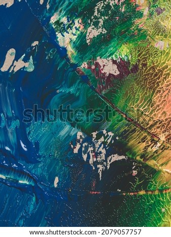 Vertical Abstract Painting of the Earth with Different Shades of Orange, Yellow, Green, Blue and White. Dark Tones of Blue Looking Like the Ocean.