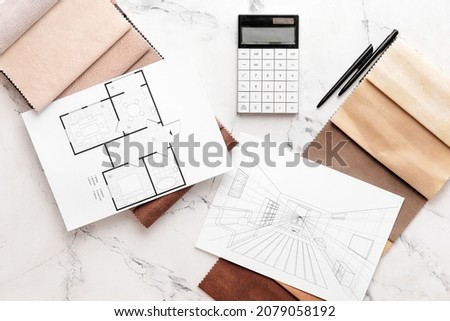 House plans, fabric samples and calculator on light background