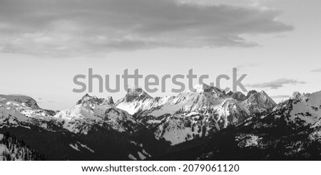Snowy mountain peaks and sky in black and white at Mt Baker Snoqualmie National Forest