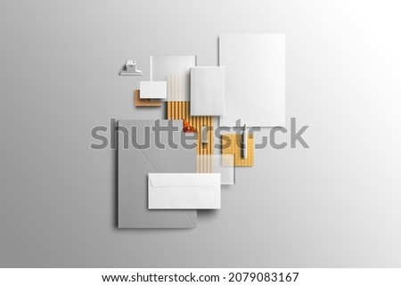 Branding stationery mockup template, real photo, letterhead, folder, brochure, business card, envelope. Blank isolated on a white background to place your design. 
