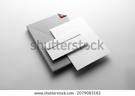 Branding stationery mockup template, real photo, letterhead, folder, brochure, business card, envelope. Blank isolated on white background to place your design. 