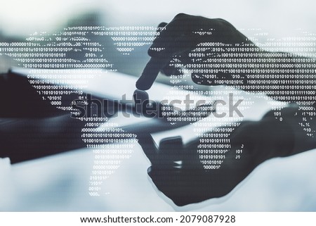 Multi exposure of abstract creative digital world map and finger presses on a digital tablet on background, tourism and traveling concept