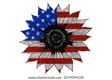 Big drawn glitter sunflower in colors of national flag. USA