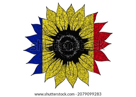 Big drawn glitter sunflower in colors of national flag. Chad