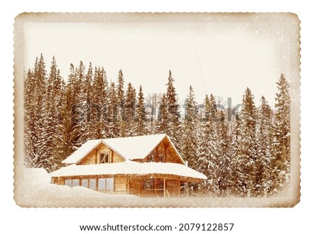 Old paper photo. Cottage in snowy coniferous forest on winter day