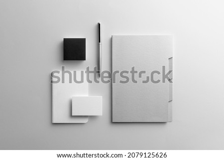 Branding stationery mockup template, minimalistic and clean, real photo, letterhead, folder, brochure, business card, envelope. Blank isolated on white background to place your design. 