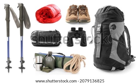 Set with different camping equipment on white background Royalty-Free Stock Photo #2079136825