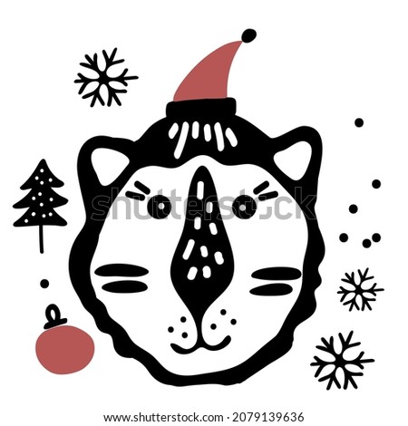 Portrait of cartoon hand drawn tiger for the design in scandinavian style. Black and white. Perfect for childish print, t-shirt, apparel, cards, poster, nursery decoration. Christmas Illustration