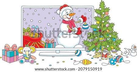 Cute snowman looking out of a TV set and decorating a prickly green Christmas tree with colorful balls, garlands and toys, vector cartoon illustration isolated on a white background