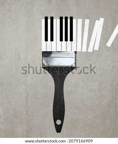 Draw a melody. Composition with black and white piano keys, synthesizer isolated on gray background. Conceptual, contemporary art collage. Retro styled, surrealism, fashionable. Idea, aspiration