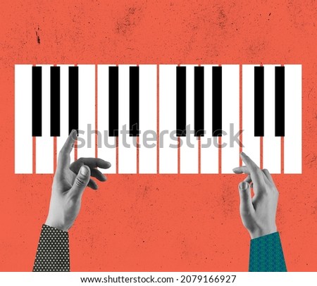 Hands play the piano. Composition with black and white piano keys, synthesizer isolated on light background. Conceptual, contemporary art collage. Retro styled, surrealism, fashionable. Idea
