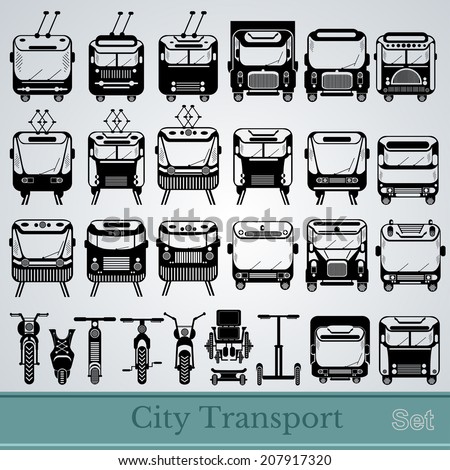 set of city transport front view black silhouettes