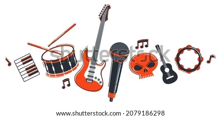Rock music band vector flat illustration isolated over white background, hard rock and heavy metal live sound festival or concert, rock n roll musical band playing, night club party.