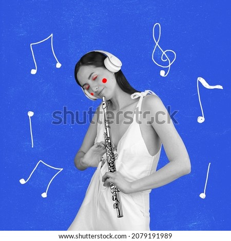 Contemporary art collage of young woman in headphones with flute isolated over blue background with notes background. Retro style. Concept of art, music, creativity, vintage style. Copy space for ad