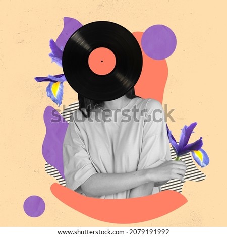 Contemporary art collage of female, woman with vinyl record head isolated over colorful yellow background. Retro style. Concept of art, music, creativity, vintage style. Copy space for ad Royalty-Free Stock Photo #2079191992