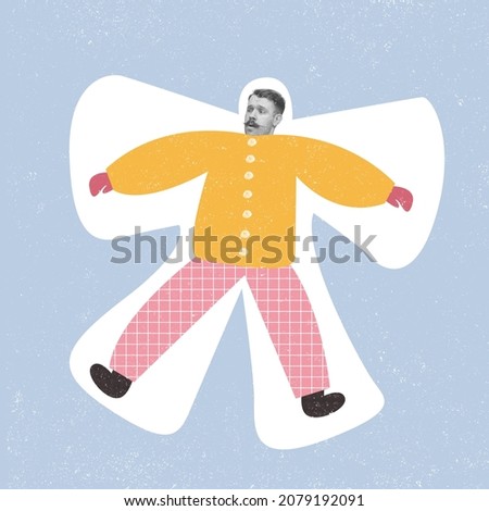 Makin angel on snow. Contemporary art collage of man wearing warm down-padded coat isolated over blue background. Concept of winter, style, art, holiday, Christmas and New Year. Copy space for ad