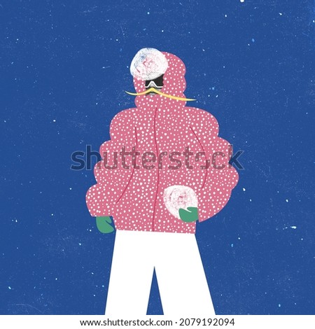 Playing snowballs. Contemporary art collage of man wearing warm down-padded coat isolated over blue background. Concept of winter, style, art, holiday, Christmas and New Year. Copy space for ad