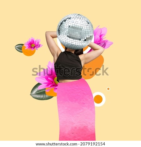 Contemporary art collage of woman with disco ball head isolated over yellow background with floral design. Music lifestyle. Concept of art, music, creativity, vintage style. Copy space for ad