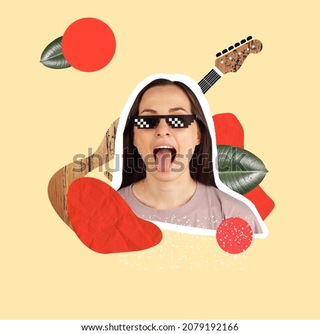 Contemporary art collage of cheerful woman wearig stylish pixel glasses isolated over yellow background. Guitar playing. Rock music. Concept of art, music, creativity, vintage style. Copy space for ad
