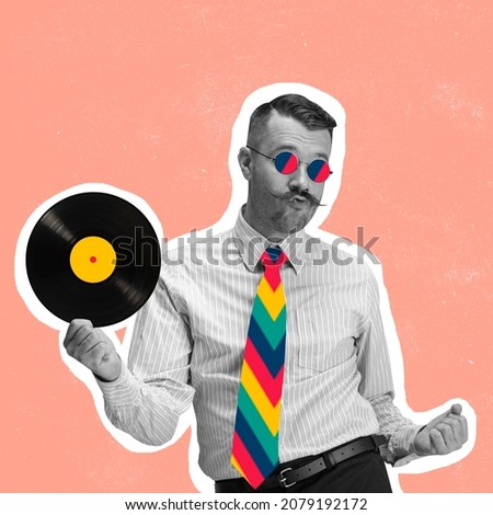 Comtemporary art collage of stylish man with colorful tie, trendy sunglasses holding vinyl record isolated over pink background. Concept of art, music, creativity, vintage style. Copy space for ad Royalty-Free Stock Photo #2079192172