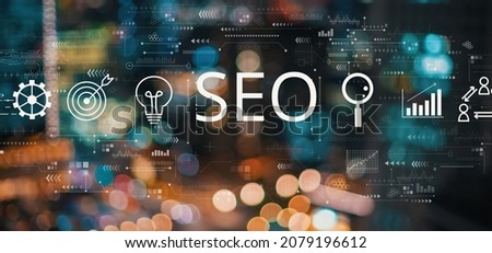 SEO concept with blurred city abstract lights background
