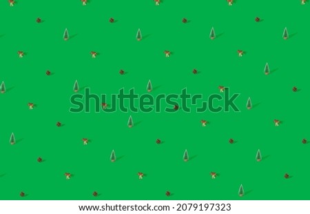 pattern made with Christmas tree, Christmas bell and fir cone with sunny shadow against pastel green  background. Modern adorable retro pattern concept.