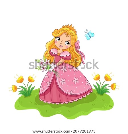 Cute little girl and princess in a pink beautiful dress stand in a green meadow. Vector illustration in a cartoon style