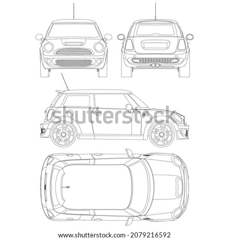 City car blueprint. Blank compact car template for branding or advertising.  Mini car vector template. View from side, front, and rear. Royalty-Free Stock Photo #2079216592