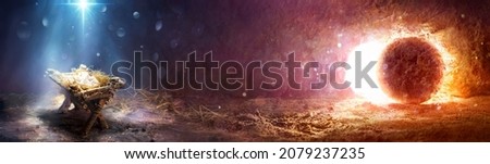 Nativity And Resurrection - Manger And Empty Tomb With Abstract Defocused Lights - Story Of Jesus Royalty-Free Stock Photo #2079237235