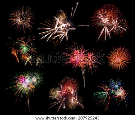 Beautiful firework set on black background. Very large resolution picture.